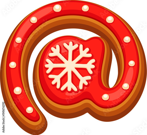 Festive gingerbread cookie shaped as an ampersat or at symbol, decorated with red icing, white polka dots, and a snowflake in the center. Isolated vector Christmas seasonal holiday font, xmas typeface