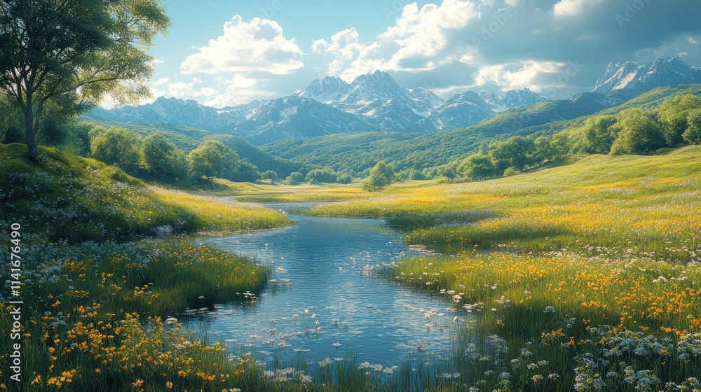 Obraz premium Serene mountain valley, wildflowers, stream.