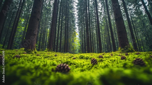 A dense pine forest with tall, slender trees stretching toward the sky