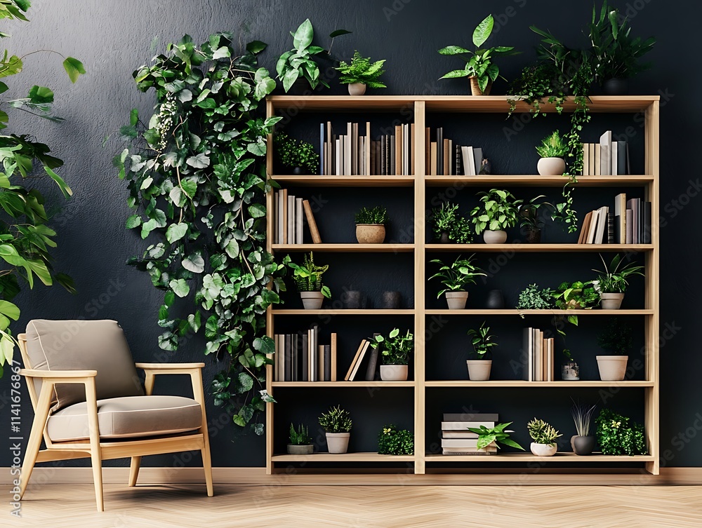 Fototapeta premium Library with books covered in plants and leaves with a chair next to wooden shelves of library