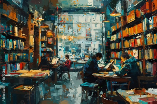 A vibrant bookstore scene with people immersed in reading and studying. photo