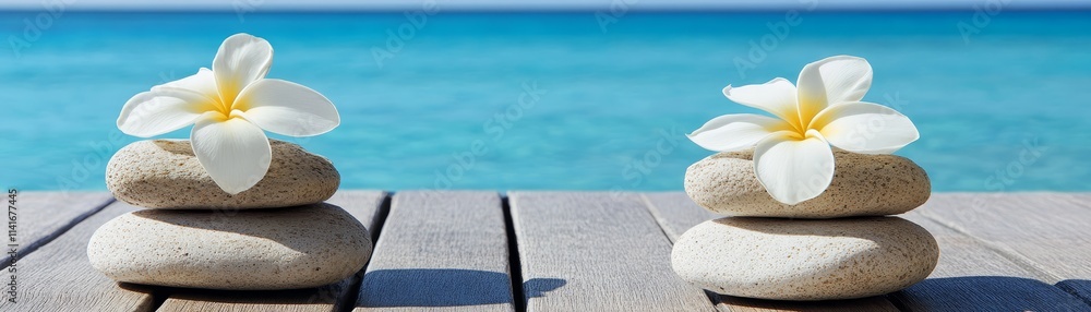 Serene still life, two white flowers on a rock resting on rustic wooden table Serene still life, two white flowers on a rock resting on rustic wooden table