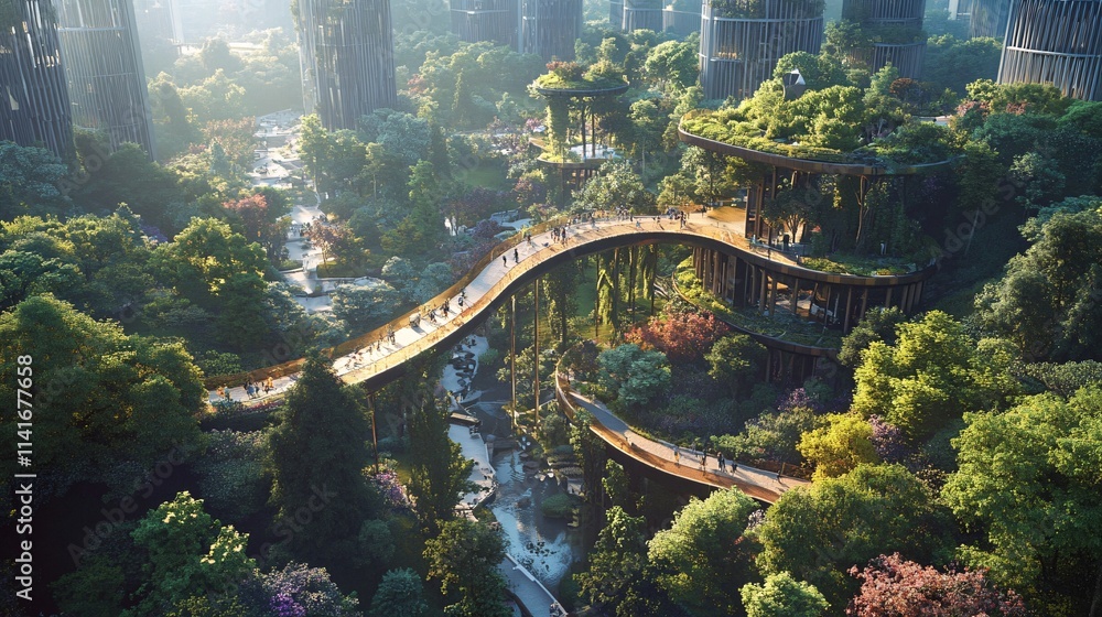 Lush Urban Forest with Elevated Walkways in Futuristic Cityscape Lush Urban Forest with Elevated Walkways in Futuristic Cityscape