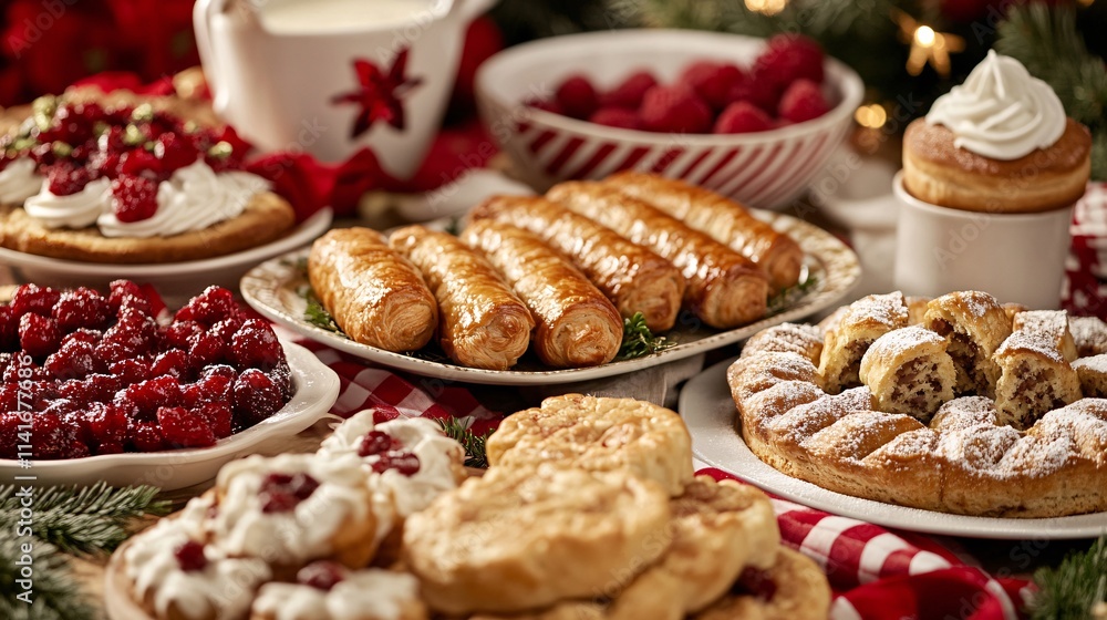 Assorted Delicious Pastries and Berries on Festive Table Setting Assorted Delicious Pastries and Berries on Festive Table Setting