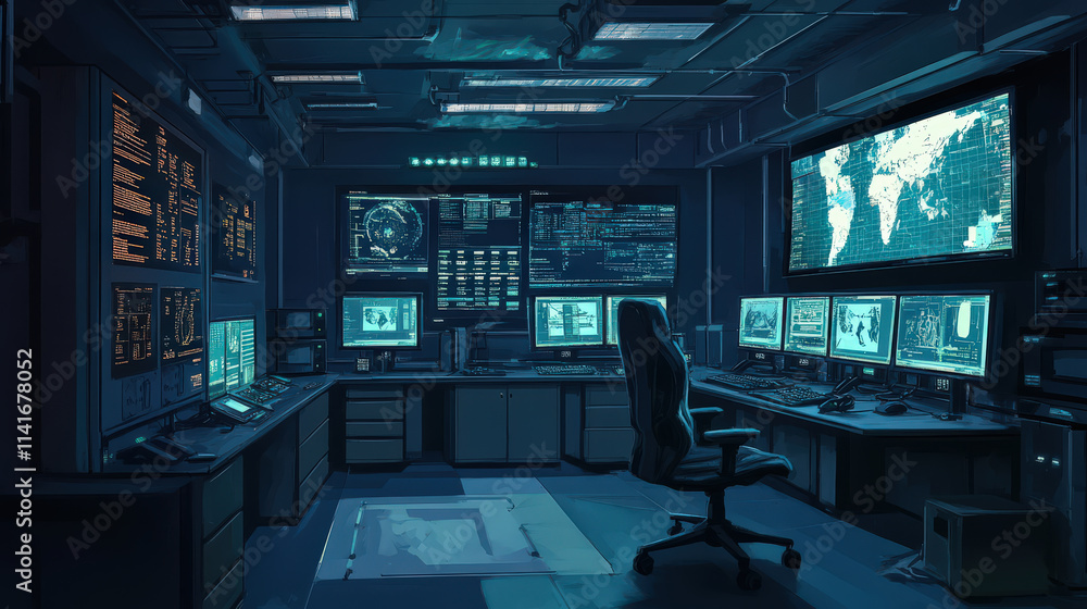 Intense focus in high tech cybersecurity operation center. room hums with digital activity Intense focus in high tech cybersecurity operation center. room hums with digital activity