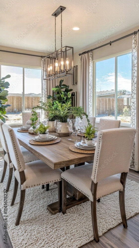Fototapeta premium Contemporary dining room with elegant wood table and soft beige chairs
