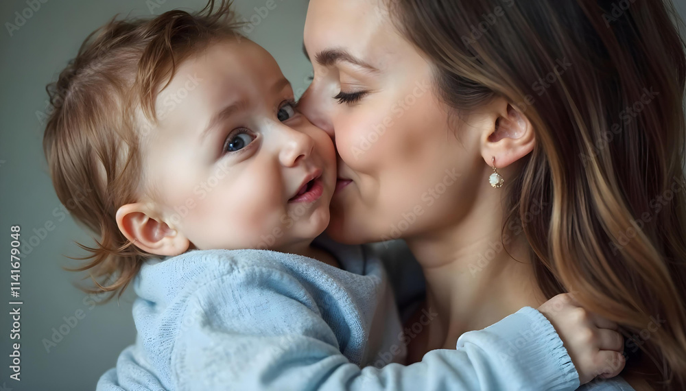 Loving mother tenderly kissing her baby while cuddling together on a cozy bed in a warm and peaceful Loving mother tenderly kissing her baby while cuddling together on a cozy bed in a warm and peaceful