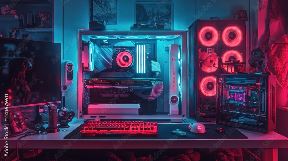 Illuminated gaming PC setup with keyboard, monitor, mouse, and internal components. Illuminated gaming PC setup with keyboard, monitor, mouse, and internal components.