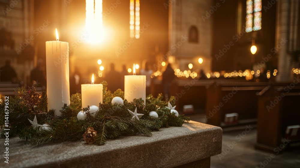 Christmas candles and greenery on altar old church warm glow