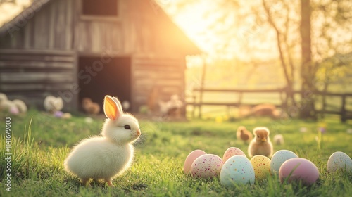 Cute Bunny with Colorful Easter Eggs in Sunny Farm Setting