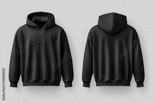 Front and back view of a plain black hoodie.