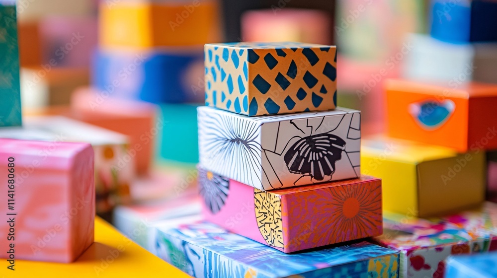 Fototapeta premium Colorful Stacked Gift Boxes with Unique Patterns on a Bright Surface