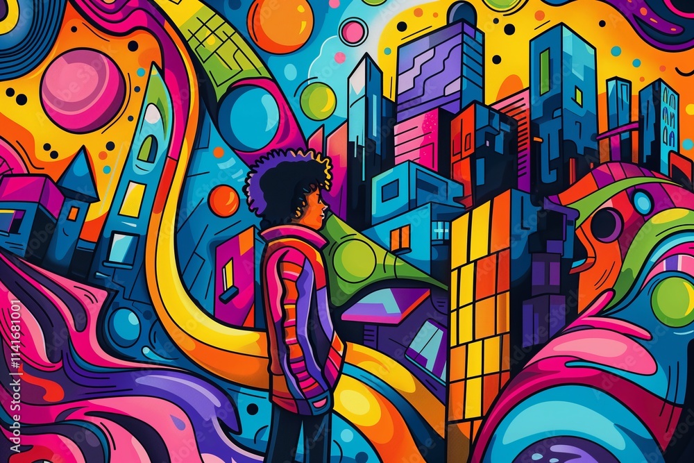 A vibrant urban scene blending imaginative elements with colorful abstraction. A vibrant urban scene blending imaginative elements with colorful abstraction.