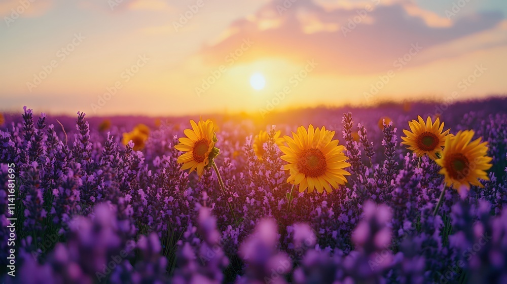 Fototapeta premium A garden of blooming lavender and sunflowers under a clear sky, with vibrant purples and yellows stretching into the horizon
