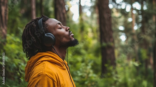 Man in Yellow Hoodie Enjoying Music in Forest Setting