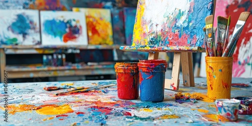 A painterâ€™s art studio with easels, canvases, and vibrant splashes of paint.