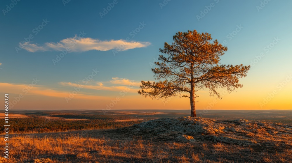 Fototapeta premium A lone pine tree atop a rocky hill, its branches reaching out against a vast, clear blue sky