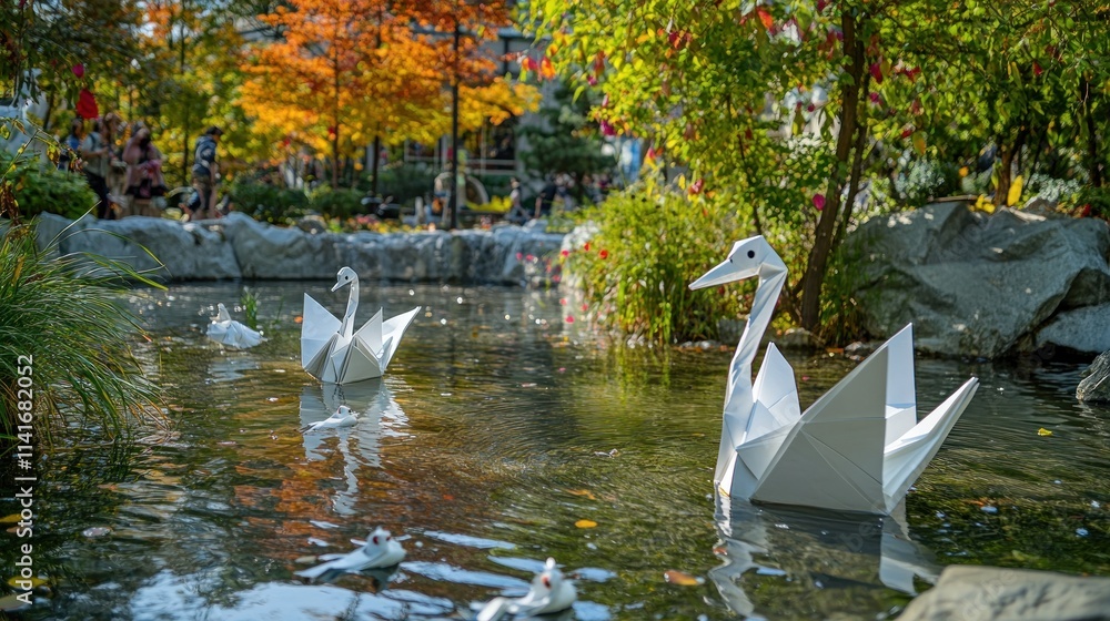 Fototapeta premium Origami swans float on water, trees in fall colors in background.