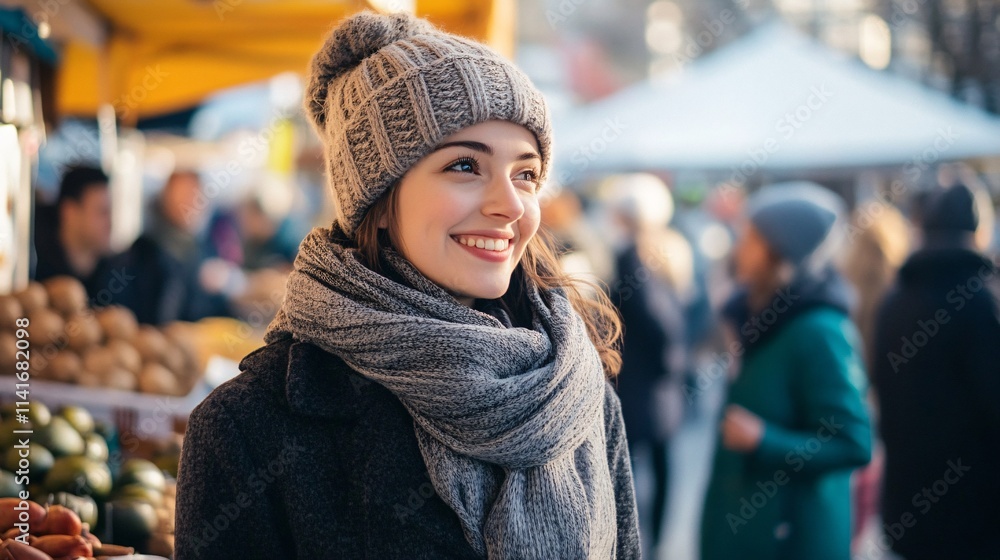 Young Woman Smiling in Winter Outdoor Market with Scarves and Beanie Young Woman Smiling in Winter Outdoor Market with Scarves and Beanie