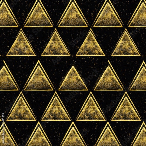 A striking pattern of golden triangles on a deep black background, creating a bold and elegant visual contrast ideal for modern designs.