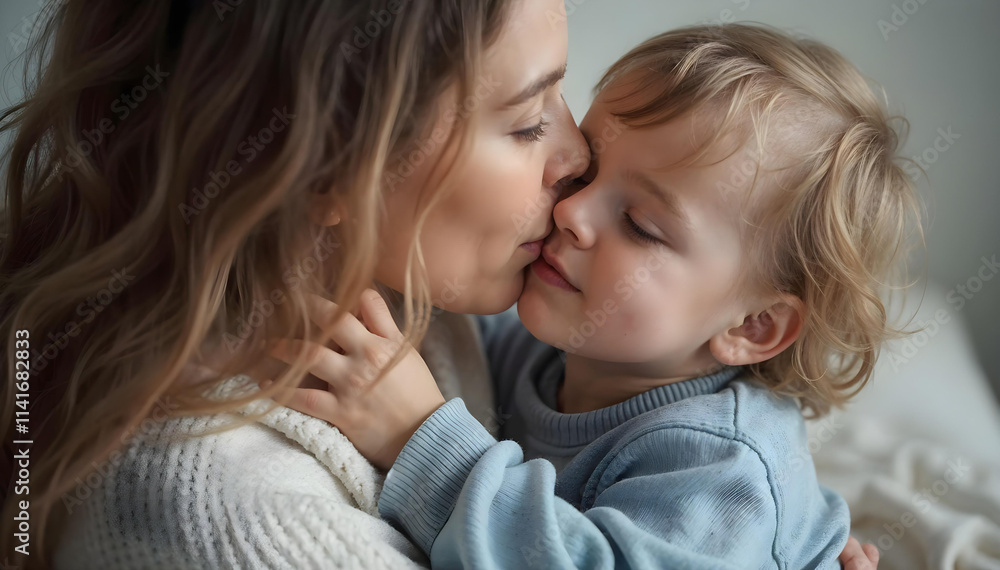 Loving mother tenderly kissing her baby while cuddling together on a cozy bed in a warm and peaceful Loving mother tenderly kissing her baby while cuddling together on a cozy bed in a warm and peaceful