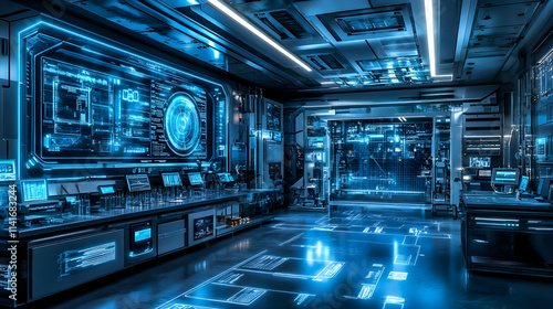 Futuristic laboratory interior with advanced technology and holographic displays.