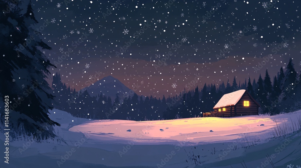 Cozy Cabin in Winter Landscape with Falling Snow at Dusk Cozy Cabin in Winter Landscape with Falling Snow at Dusk