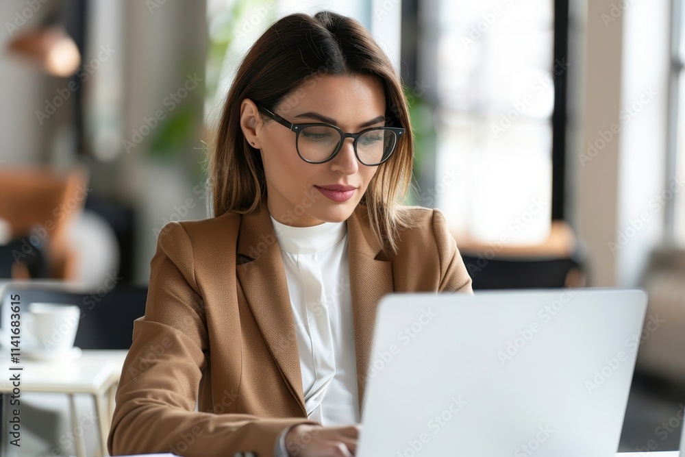 A focused woman in a brown blazer works on her laptop in a stylish cafe, wearing glasses and immersed in her task. A focused woman in a brown blazer works on her laptop in a stylish cafe, wearing glasses and immersed in her task.