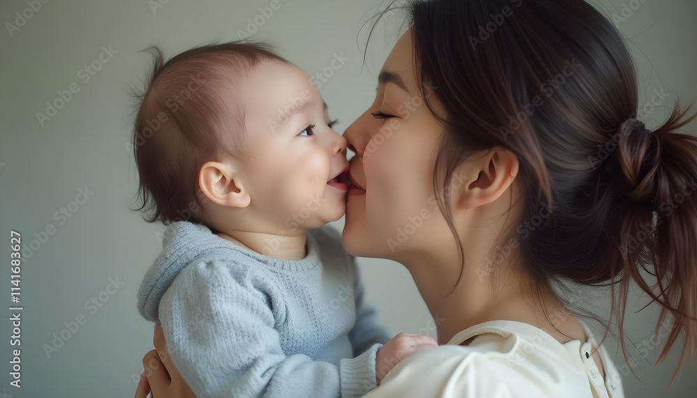 Loving asian mother kissing her asian baby while cuddling together on a cozy bed in a warm Loving asian mother kissing her asian baby while cuddling together on a cozy bed in a warm