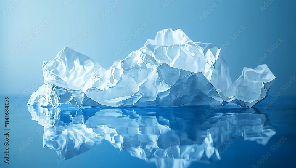Obraz premium Crumpled paper resembling an iceberg reflecting in blue water.