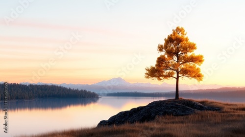 Wallpaper Mural Serene landscape with a solitary tree by a calm lake at sunset. Torontodigital.ca