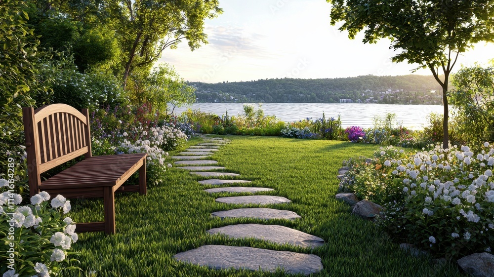 Mindful living positive. Tranquil garden scene with a stone pathway for serene settings. Mindful living positive. Tranquil garden scene with a stone pathway for serene settings.