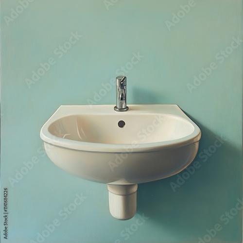 White Ceramic Sink Against a Teal Wall photo