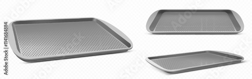 Food tray mockups set isolated on transparent background. Vector realistic illustration of plastic flat gray container for serving meal at school canteen, cafeteria, self-service cafe, top side view