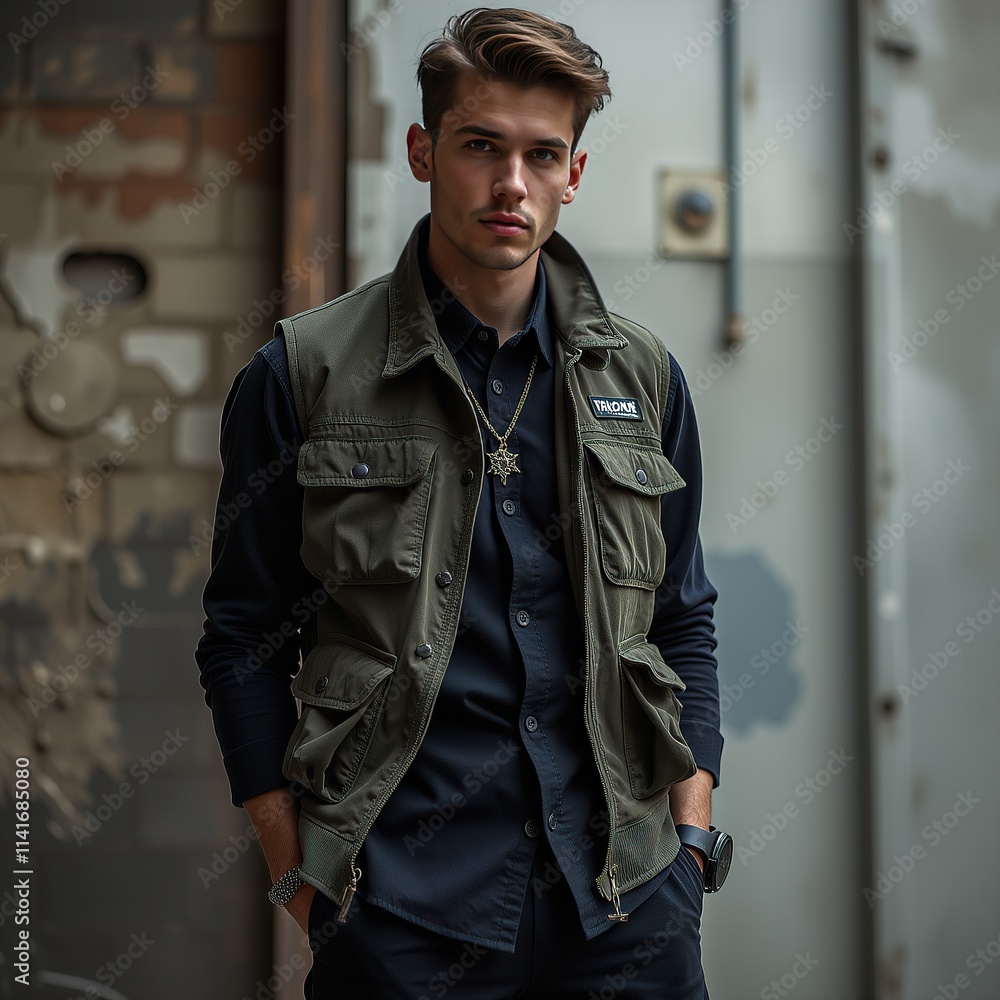 Man in military-inspired vest and dark outfit posing against urban wall. Man in military-inspired vest and dark outfit posing against urban wall.