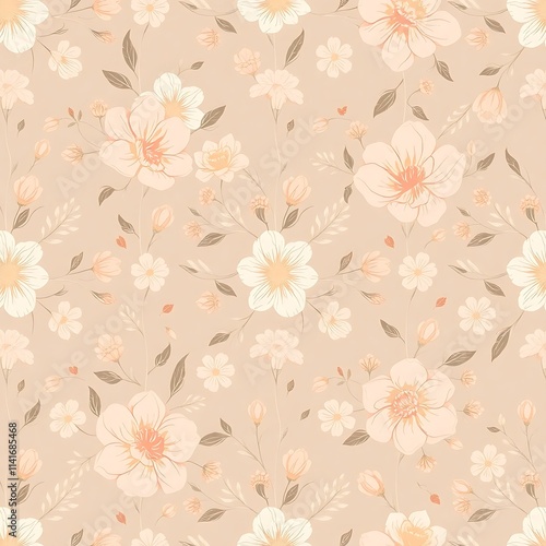 Wallpaper Mural Delicate Floral Pattern: Blush Pink and White Flower Seamless Pattern for Spring and Summer Design: A charming and delicate floral pattern with blush pink and white flowers on a beige background. Torontodigital.ca