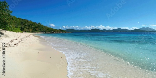 Fototapeta Naklejka Na Ścianę i Meble -  A pristine beach with no litter, clean sand, and calm waves lapping the shore.