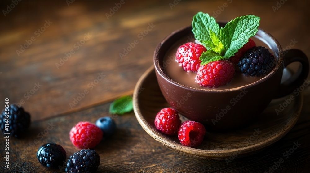 a rich espresso served in a chocolate cup, paired with fresh berries and a sprig of mint. 
