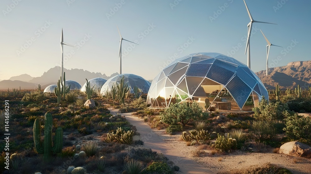 Sustainable geodesic domes and wind turbines in a desert landscape at sunrise. Sustainable geodesic domes and wind turbines in a desert landscape at sunrise.