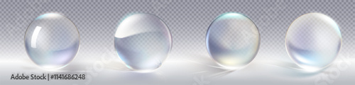 Glass ball 3D collection on transparent background with light reflection and rainbow refraction effects. Realistic white spheres with optical distortion for graphic design and gaming assets.