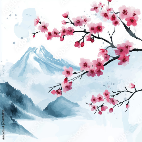 Japanese cherry blossom background with mountains. Watercolor hand drawn illustration.