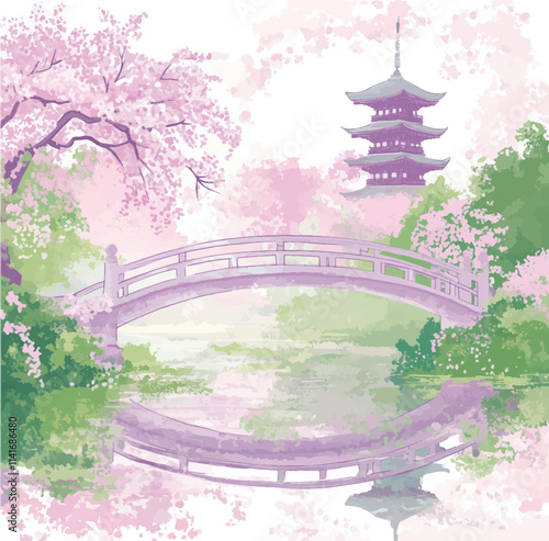 Japanese garden with cherry blossom and bridge. Watercolor illustration.