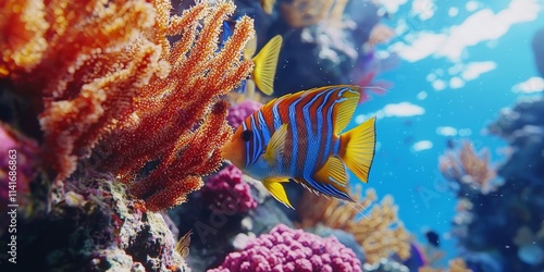 Colorful Fish Swimming Through Vibrant Coral Reef in Clear Blue Ocean Water Under Bright Sunlight photo