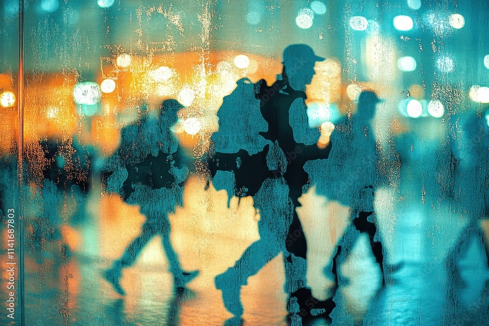 Obraz premium Silhouetted figures walk against a misty window, captured in vibrant blue and warm orange tones, creating a dreamy urban atmosphere.
