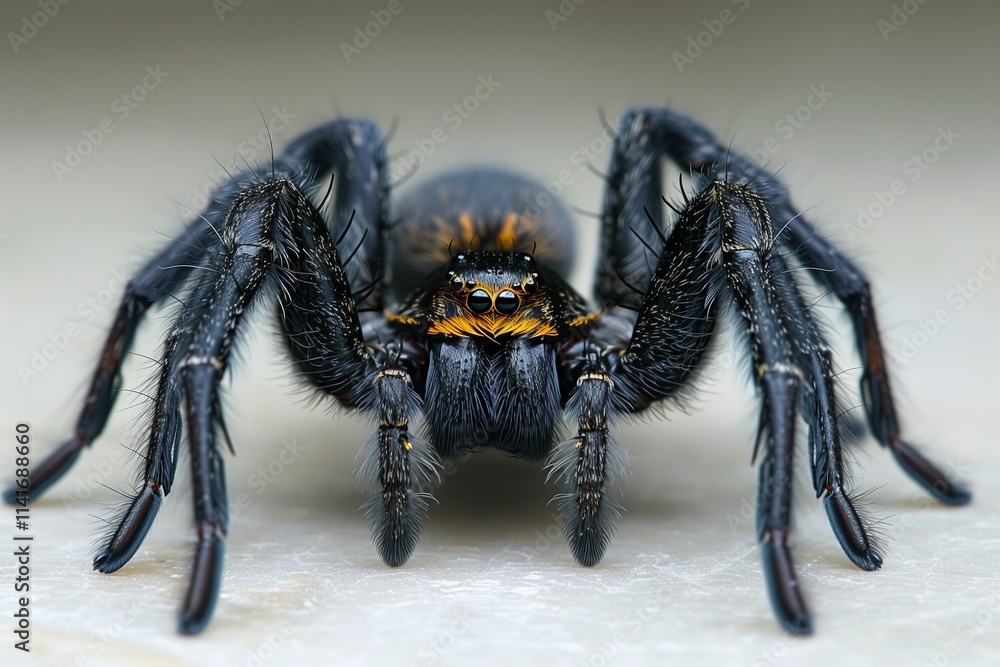 Close-up of a striking black spider with intricate details and vivid colors. Close-up of a striking black spider with intricate details and vivid colors.