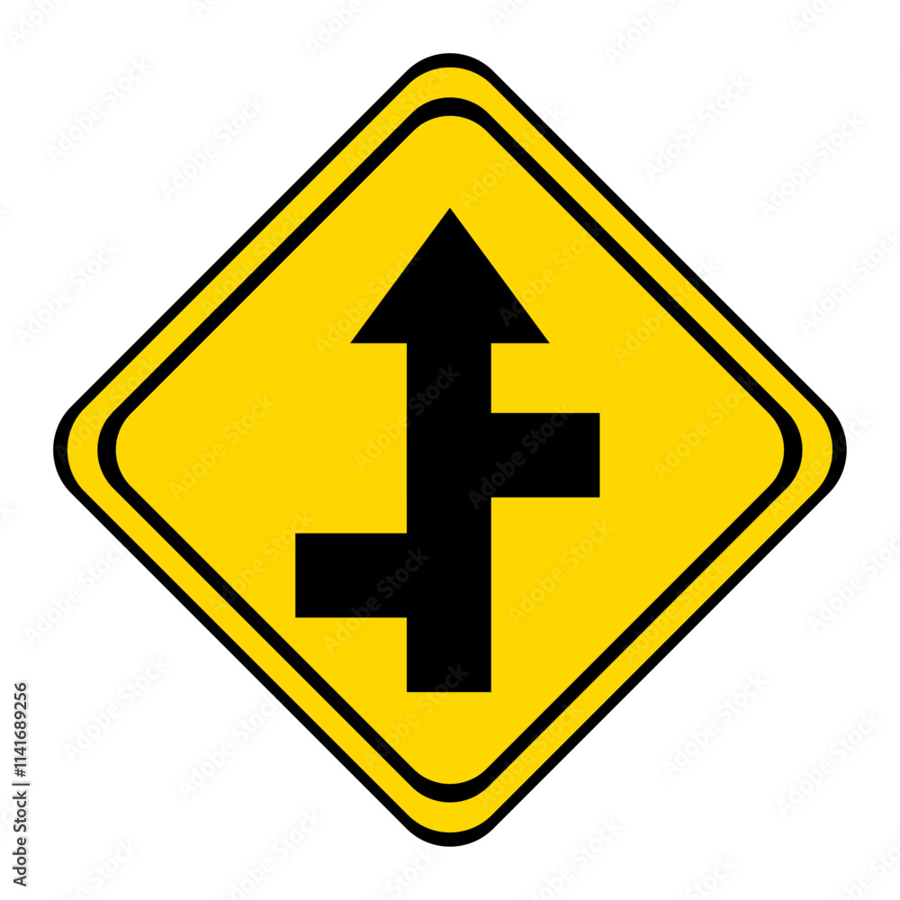 the road straight with a two dead ends. warning road sign on a yellow and black board in the shape of a rhombus. the road straight with a two dead ends. warning road sign on a yellow and black board in the shape of a rhombus.