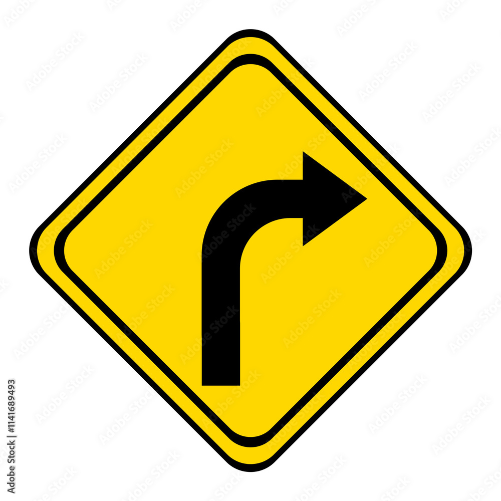 warning road sign on a yellow and black board in the shape of a rhombus. the road turn or curve. warning road sign on a yellow and black board in the shape of a rhombus. the road turn or curve.