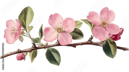 Pink cherry blossom branch isolated on white background