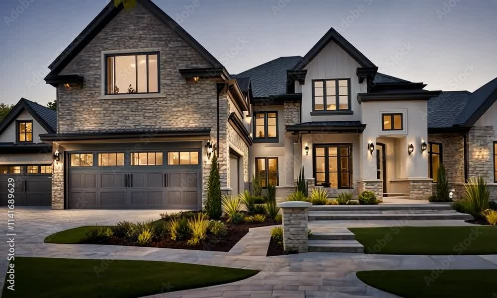 Luxurious home exterior at twilight. Stone facade, modern design, landscaping, and driveway. Luxurious home exterior at twilight. Stone facade, modern design, landscaping, and driveway.