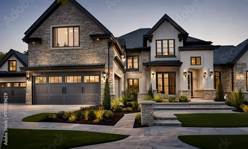 Luxurious home exterior at twilight. Stone facade, modern design, landscaping, and driveway.